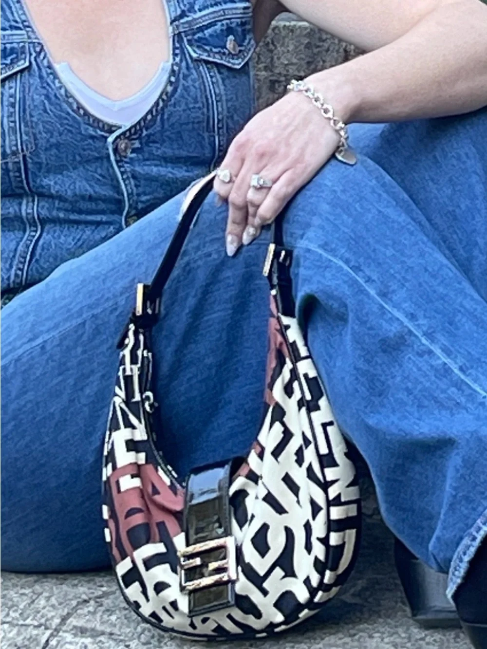 Fendi Monogram Hobo Shoulder Bag in Black, White & Burgundy